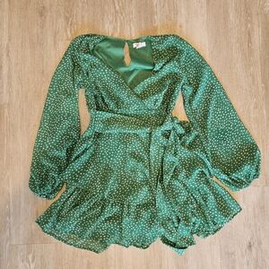 Japna Mini Dress Green Polka Dot Wrap V-Neck Ruffles Long-Sleeve Women's Size S